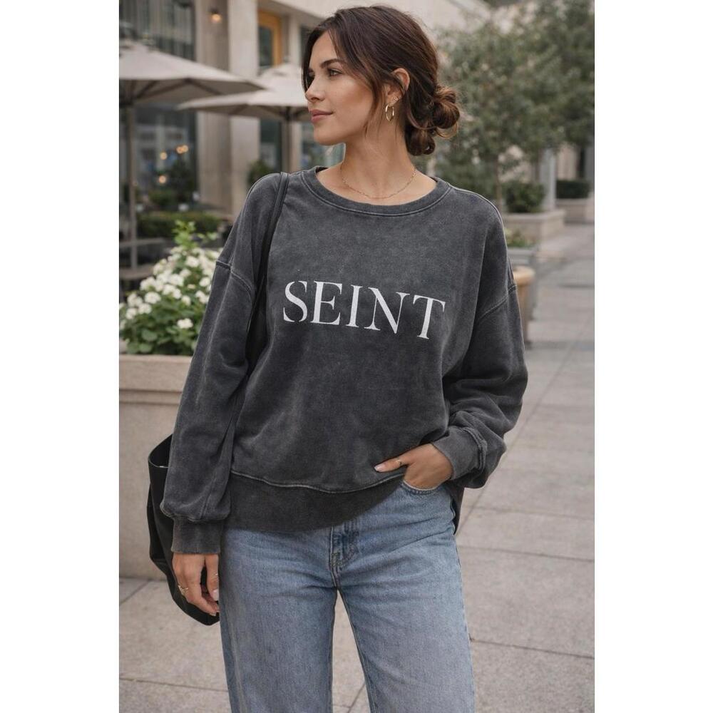 SEINT Charcoal Washed L Cotton Sweatshirt Women’s Oversized Crewneck NWT - A5